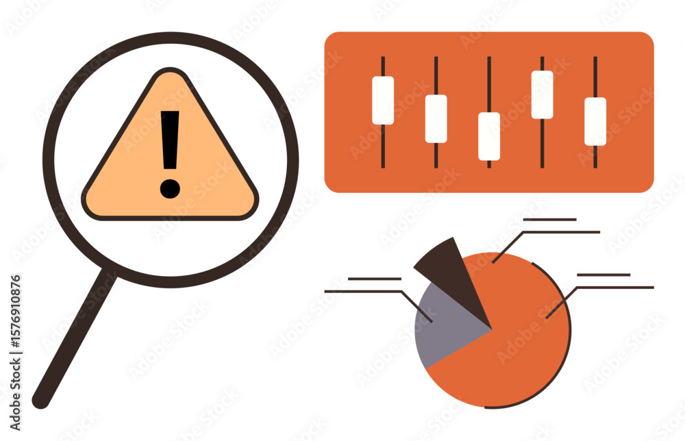 Poster magnifying glass highlighting alert sign, pie chart with segments, and slider interface for adjustme