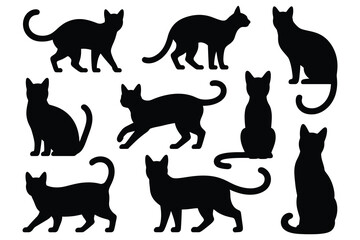 Black cat silhouettes various poses animal domestic