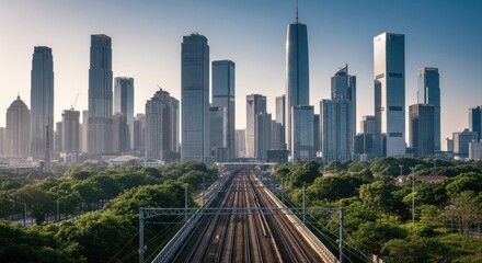 Obraz premium Modern City Skyline with Railway Tracks and Lush Greenery