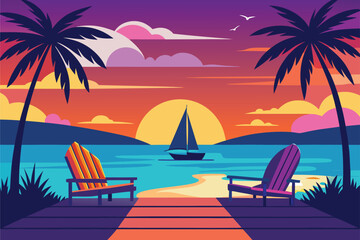 Obraz premium Colorful tropical sunset beach landscape with palm tree Adirondack chairs wooden dock vector illustration