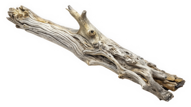 An intricately textured piece of driftwood lies against a white background, showcasing its natural patterns and hues, evoking a sense of tranquility and connection to nature.