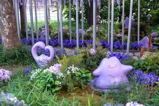 Seoul, South Korea - 17 June 2025: Metamong Garden in Boramae Park. It is a garden with Ditto sculptures, the famous purple Pokemon. As a part of 2025 Seoul International Garden Expo