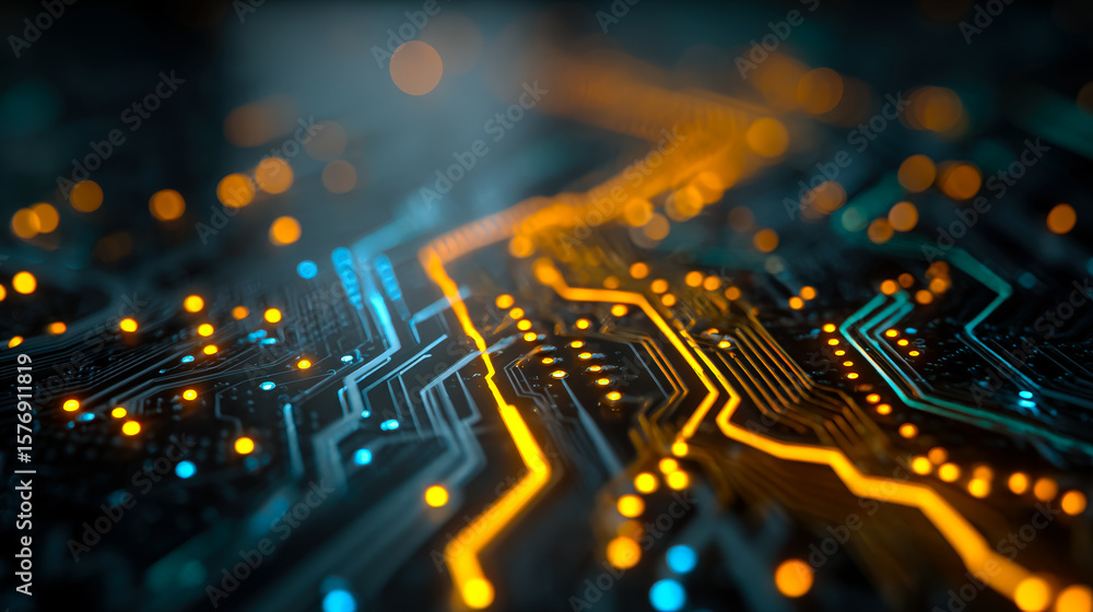 Poster futuristic electronic circuit board with vibrant glowing pathways and data points