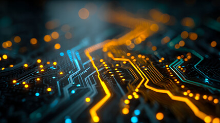 Futuristic electronic circuit board with vibrant glowing pathways and data points