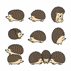 Cute hedgehogs in various poses, isolated animal characters