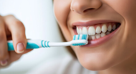 Professional dental care concept with close up of woman brushing teeth focus on brush and teeth with soft blur on background and hand