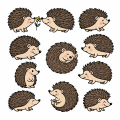 Cute hedgehogs in various poses, playful animal characters © Pandaman1102