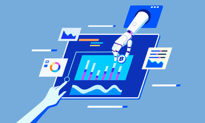 Futuristic vector illustration showing human and AI robot collaboration in financial and cryptocurrency data analysis.