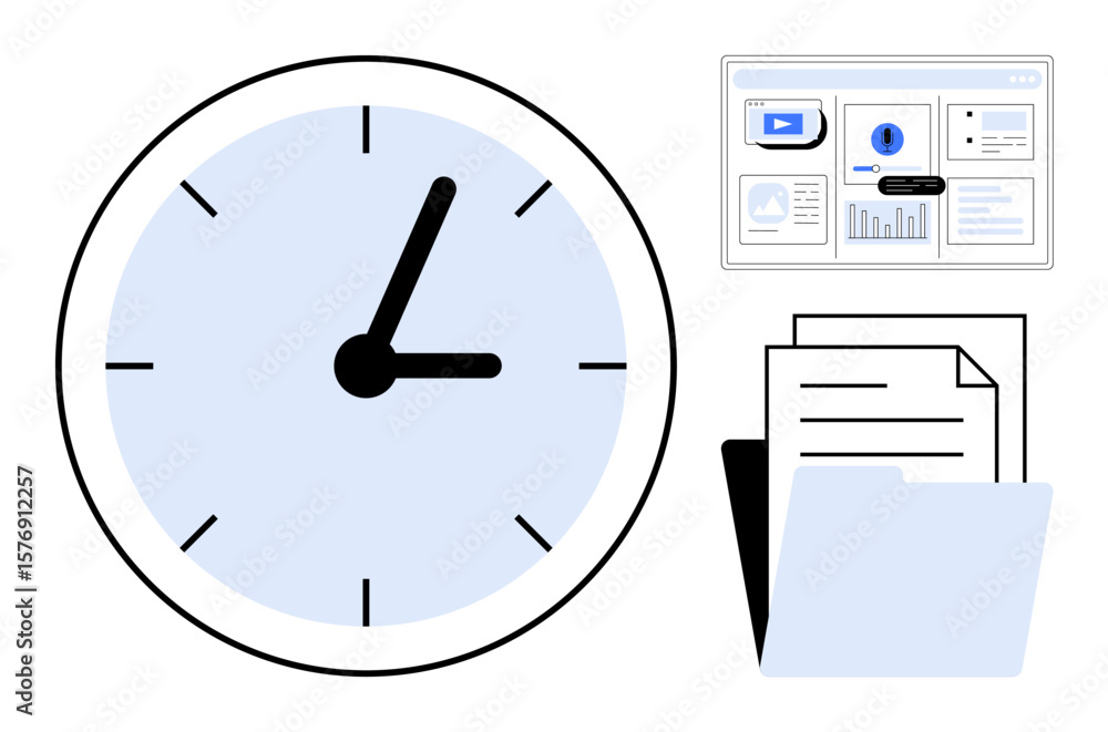 Poster clock with black hands, digital dashboard with widgets, and folder containing documents. ideal for t