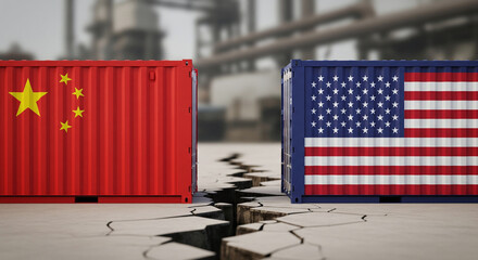 USA and China cargo containers in close-up with national flags separated by jagged ground crack and blurred industrial background
