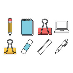 Collection of colorful flat design icons representing school and office supplies on a light gray background