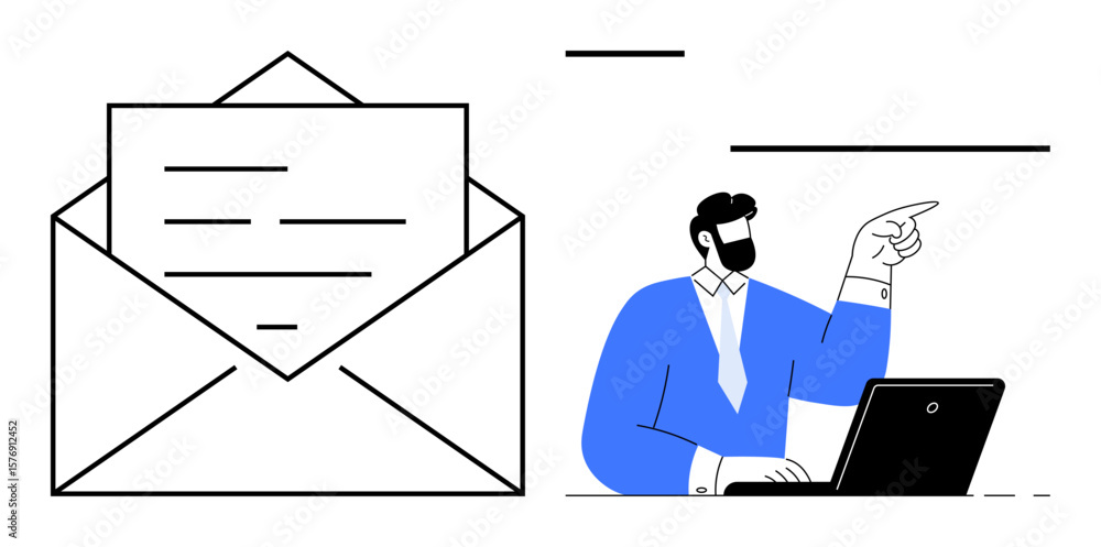 Poster large open envelope with visible letter next to man at desk using laptop and gesturing. ideal for em