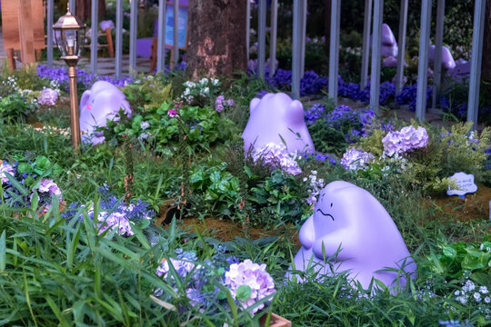 Seoul, South Korea - 17 June 2025: Metamong Garden in Boramae Park. It is a garden with Ditto sculptures, the famous purple Pokemon. As a part of 2025 Seoul International Garden Expo