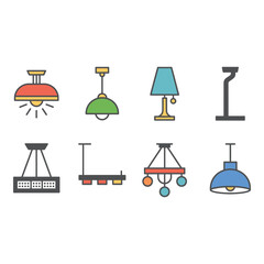 Collection of eight colorful flat design icons representing various types of modern lighting fixtures