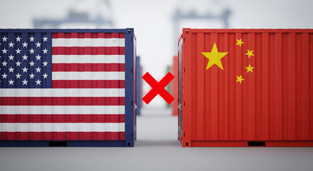 USA and China cargo containers placed opposite each other with bold red cross symbol and blurred background