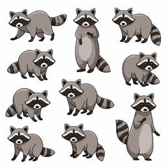 Raccoon poses collection, animal characters, wildlife