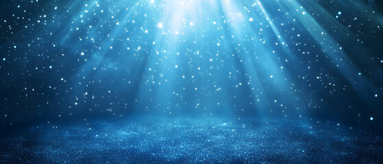 Starry Night Sky with Beams of Light Over a Dark Sea