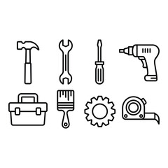 Collection of essential tools and equipment for construction and repair work in a simple outline style