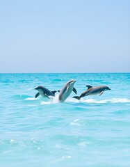 Three Playful Dolphins in the Open Ocean