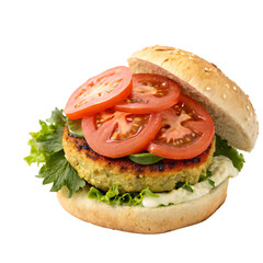 Delicious Vegetarian Burger Fresh Veggie Patty Toasted Bun  Sliced Tomatoes Isolated On Transparent Background