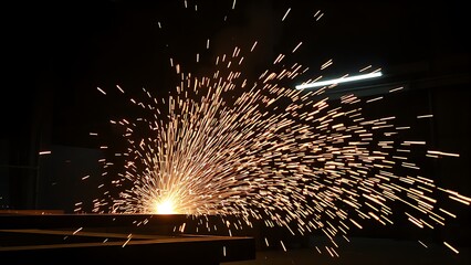 An industrial workshop with glowing sparks, showcasing dynamic energy in a dark environment.