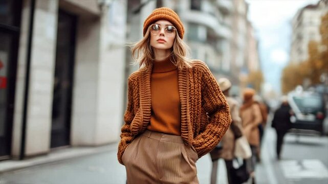 A stylish woman in autumnal tones poses on a city street, wearing a knitted cardigan, turtleneck, and pants