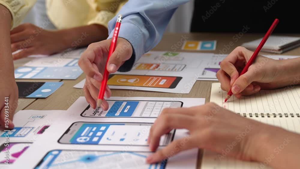Poster panorama video of startup company employee planning on user interface prototype for mobile applicati