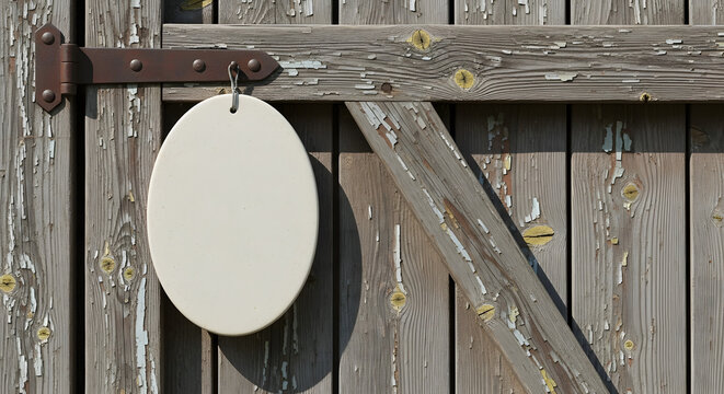 Weathered wooden gate with a blank oval sign providing a rustic, customizable template for various messages and designs.
