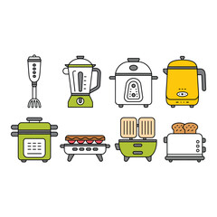 Collection of modern kitchen appliances including a blender pressure cooker kettle and toaster in a flat design style