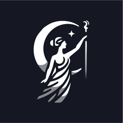 Minimalist Black and White Vector Logo of Greek Goddess Athena with Spear and Crescent Moon