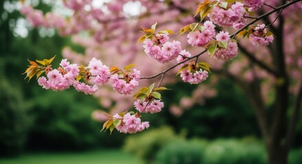 Beautiful Pink Cherry Blossom Tree in Spring Nature Garden Outdoor Scene