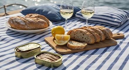 A delightful picnic scene featuring bread, wine, and sardines on a striped blanket.