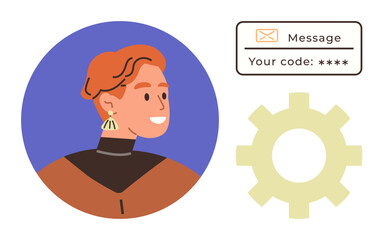 Person with modern hairstyle and earring, message bubble displaying verification code, and gear icon. Ideal for security, user authentication, account settings, identity, privacy, protection simple