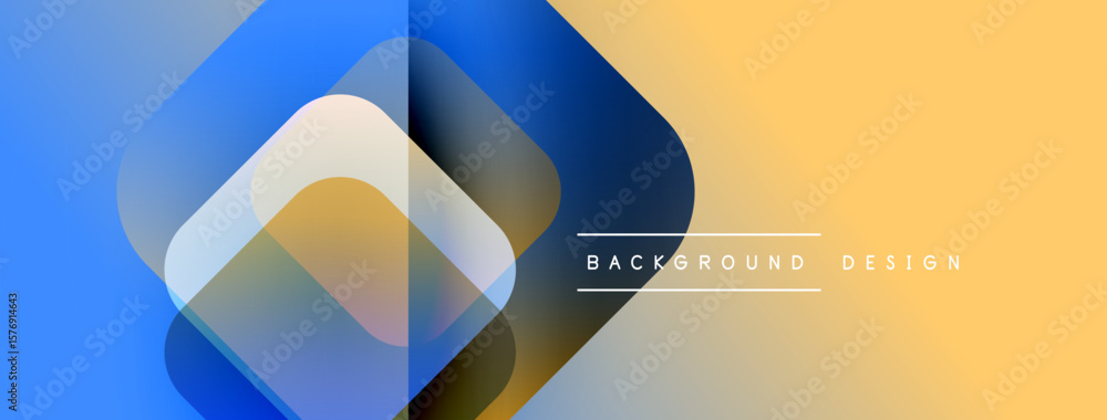 Poster abstract geometric shapes overlap. blue, yellow gradients create modern visual effect. minimalist de