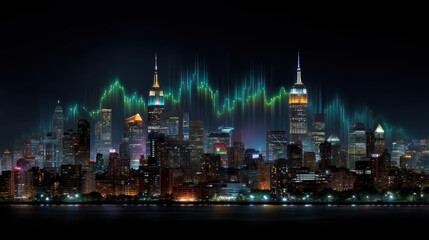 Vibrant city skyline at night with glowing lights and digital graph overlay, symbolizing financial growth