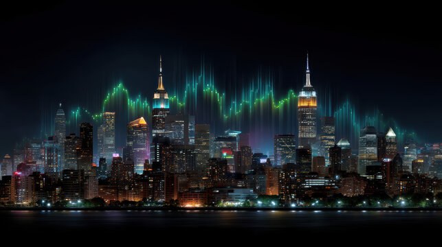 Vibrant city skyline at night with glowing lights and digital graph overlay, symbolizing financial growth