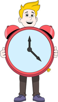Cartoon Man Holding Big Red Alarm Clock Illustration