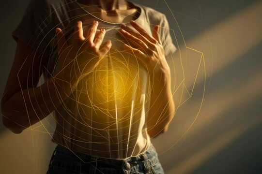 Golden light and abstract lines around the solar plexus reflect energy flow and personal strength. Great for healing, coaching, or visualization content.

