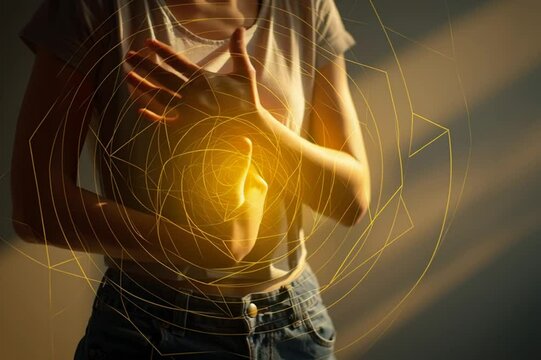 Yellow chakra glow around the torso highlights inner strength. Great for yoga visuals, holistic content, or emotional wellness.

