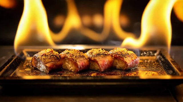 Flamed sushi pieces on a dark rectangular plate, garnished with sesame seeds. A blurred background shows warm flames. Dark and moody lighting.