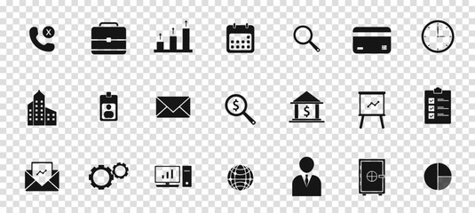 Business Icons Set. Vector pictograms of briefcase,  calendar, clock, idea, graph, credit, card,  black sign silhouette illustration