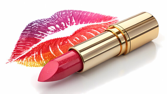 Lipstick beauty product with golden tube and kiss mark for makeup and cosmetic industry concept