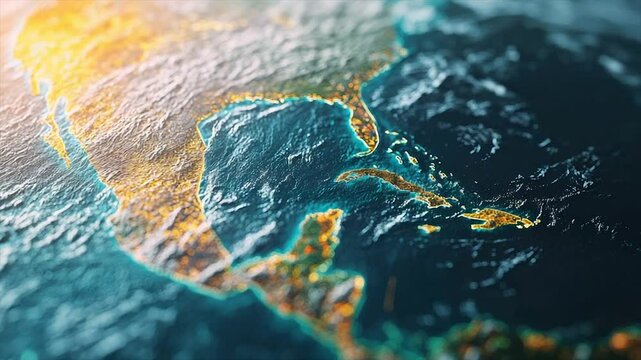 Detailed textured map of North America and Caribbean, showing land and ocean in vibrant colors