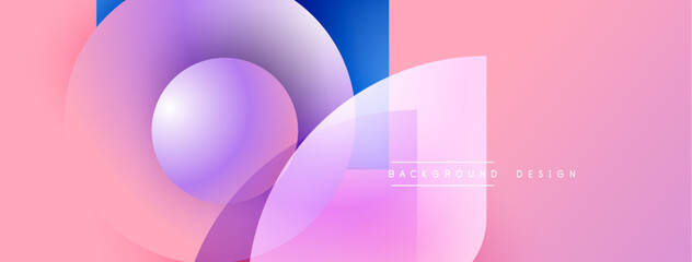 Abstract design features overlapping spheres, gradients. Pink, purple, blue hues create modern aesthetic. Text reads background design.