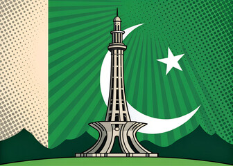 Pop Art Minar-e-Pakistan with Pakistan Flag Elements - 14th August Independence Day