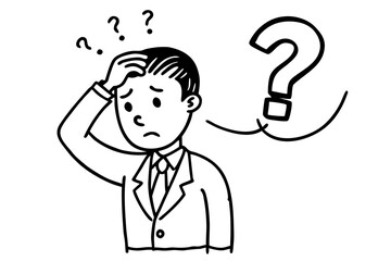 Cartoon Businessman with Question Marks - Black and White Line Art Vector Illustration