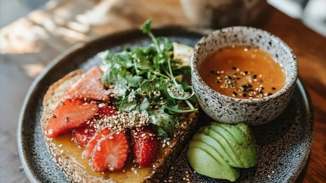 Savory & sweet toast with avocado, strawberries, and a side of vibrant soup