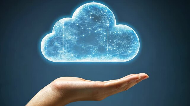 Cloud technology concept, hand holding digital cloud. Possible use Stock photo for technology articles or websites