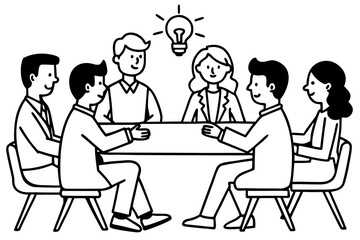 Cartoon Team Meeting with Idea Lightbulb - Black and White Vector Illustration
