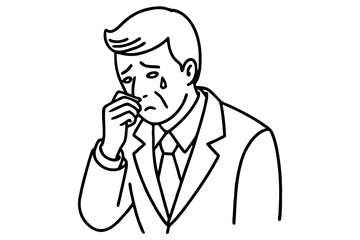 Cartoon Line Art of Character Holding Head While Thinking &ndash; Suit and Tie, Side View Pose, and Minimal Background